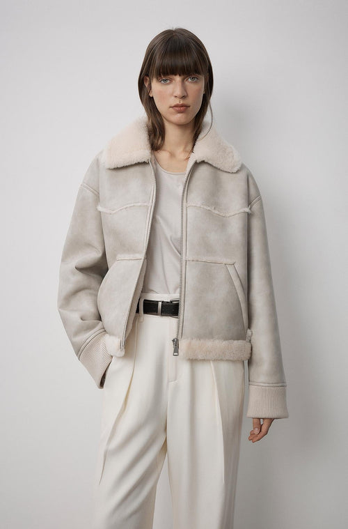 "Makino's Fun" Lapel Wool Artificial Compound Leather Short Style Shearling Jacket-0