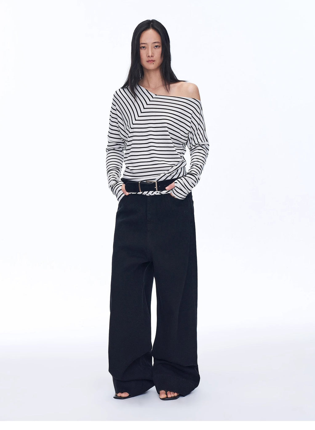"Picasso Lines" fashionable off-shoulder Lyocell Tencel wool blended draped patchwork striped T-shirt