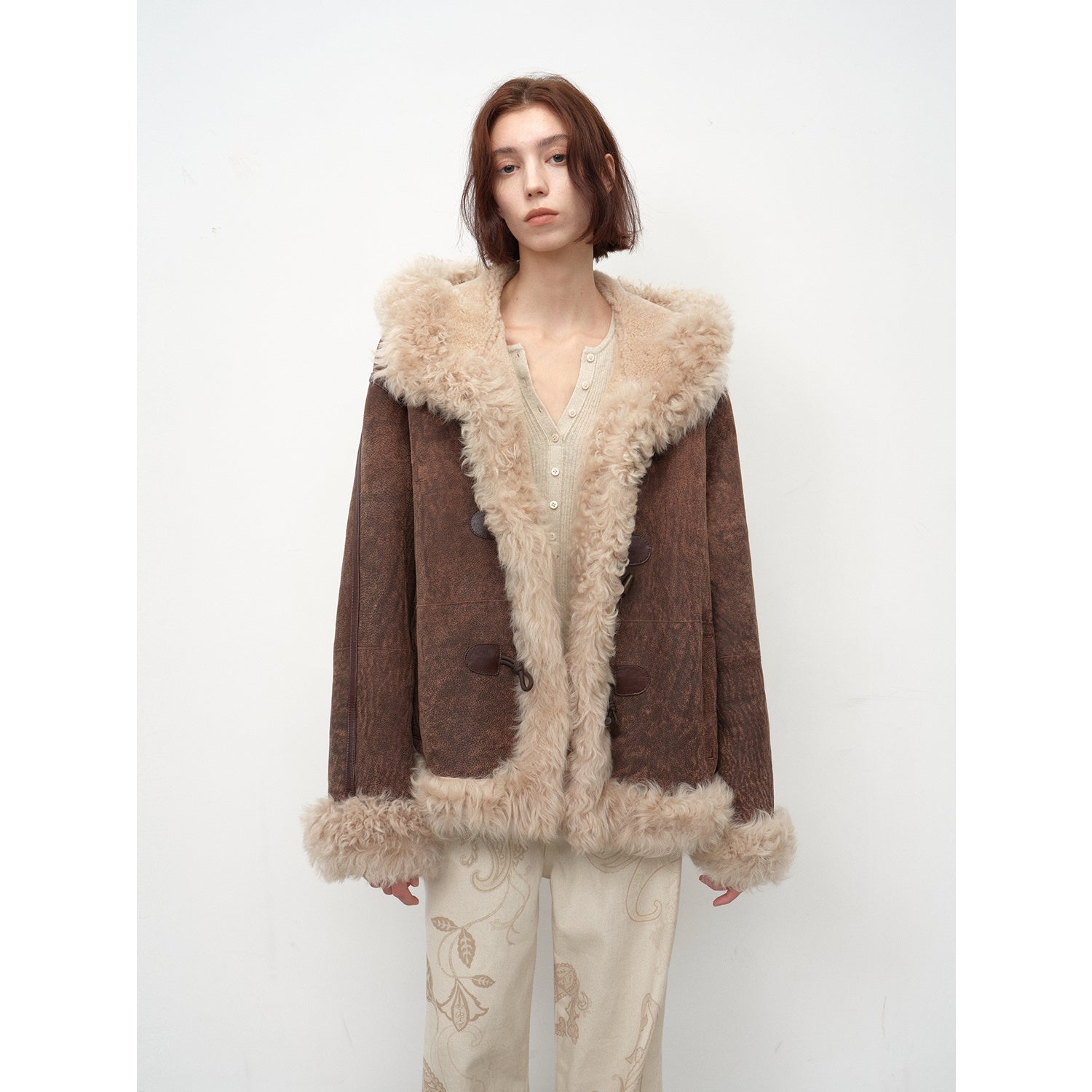 "Modern Weekend" Drop Shoulder Hooded Merino Wool Sheepskin Fur Coat Winter-6