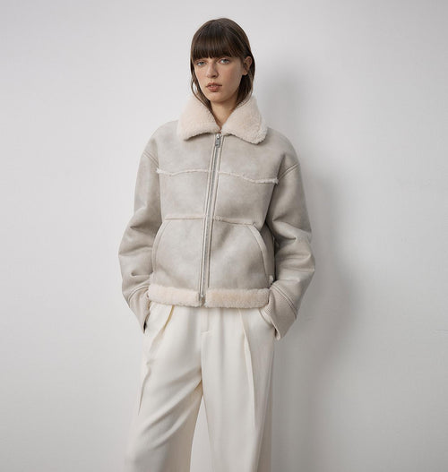 "Makino's Fun" Lapel Wool Artificial Compound Leather Short Style Shearling Jacket-1