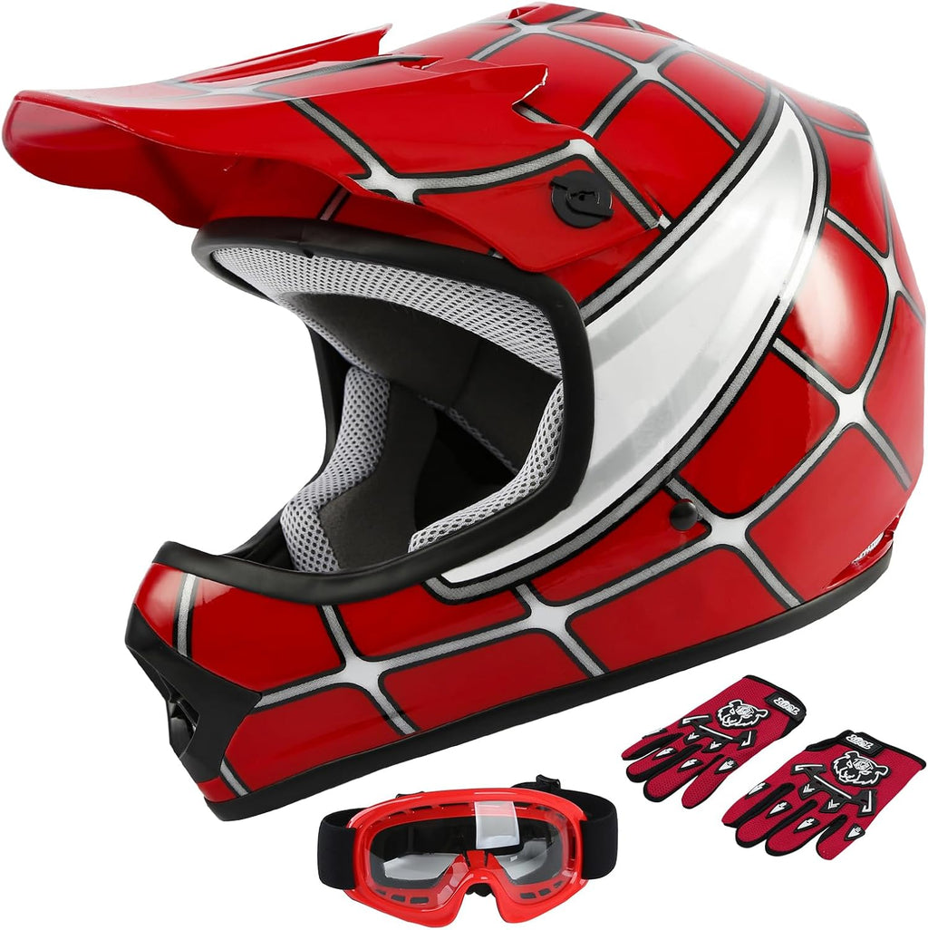 Dot Youth Kids Helmet Motocross Offroad Street Helmet Motorcycle Helmet Dirt Bike Motocross ATV Red Spider Design Helmet+Goggles+Gloves Large