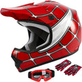 Dot Youth Kids Helmet Motocross Offroad Street Helmet Motorcycle Helmet Dirt Bike Motocross ATV Red Spider Design Helmet+Goggles+Gloves Large