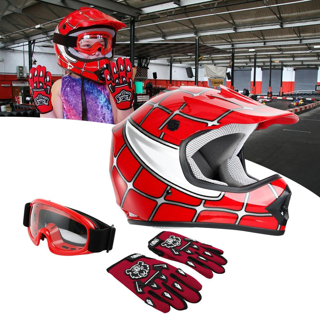 Dot Youth Kids Helmet Motocross Offroad Street Helmet Motorcycle Helmet Dirt Bike Motocross ATV Red Spider Design Helmet+Goggles+Gloves Large