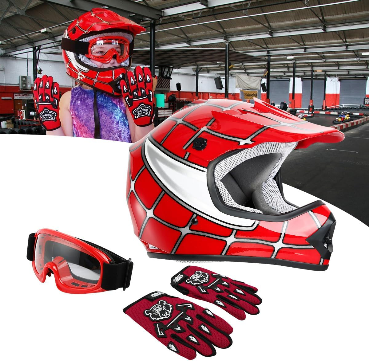 Dot Youth Kids Helmet Motocross Offroad Street Helmet Motorcycle Helmet Dirt Bike Motocross ATV Red Spider Design Helmet+Goggles+Gloves Large