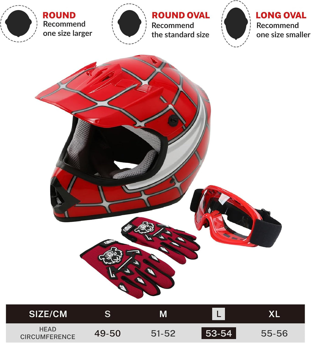 Dot Youth Kids Helmet Motocross Offroad Street Helmet Motorcycle Helmet Dirt Bike Motocross ATV Red Spider Design Helmet+Goggles+Gloves Large
