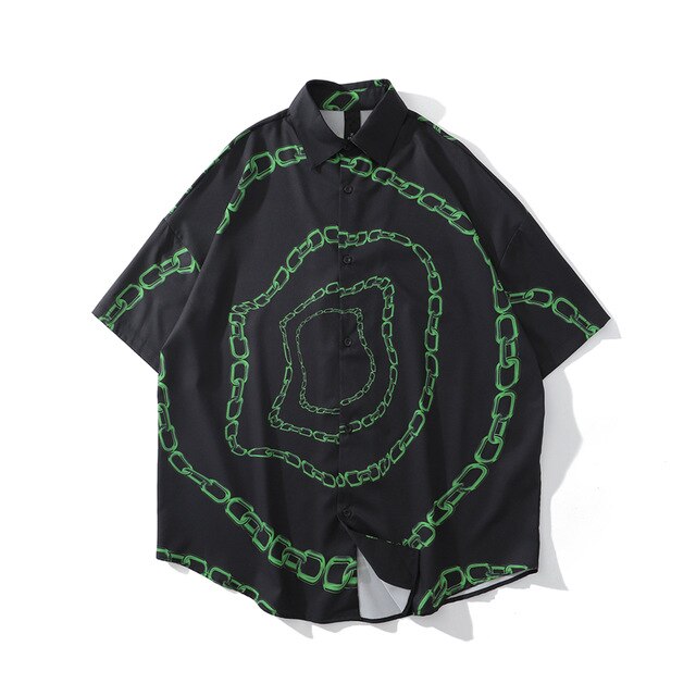 New Designer Iron Chain Print Short Sleeve Cool Shirt Summer Men Casual Hip Hop Streetwear Oversized Black Shirt