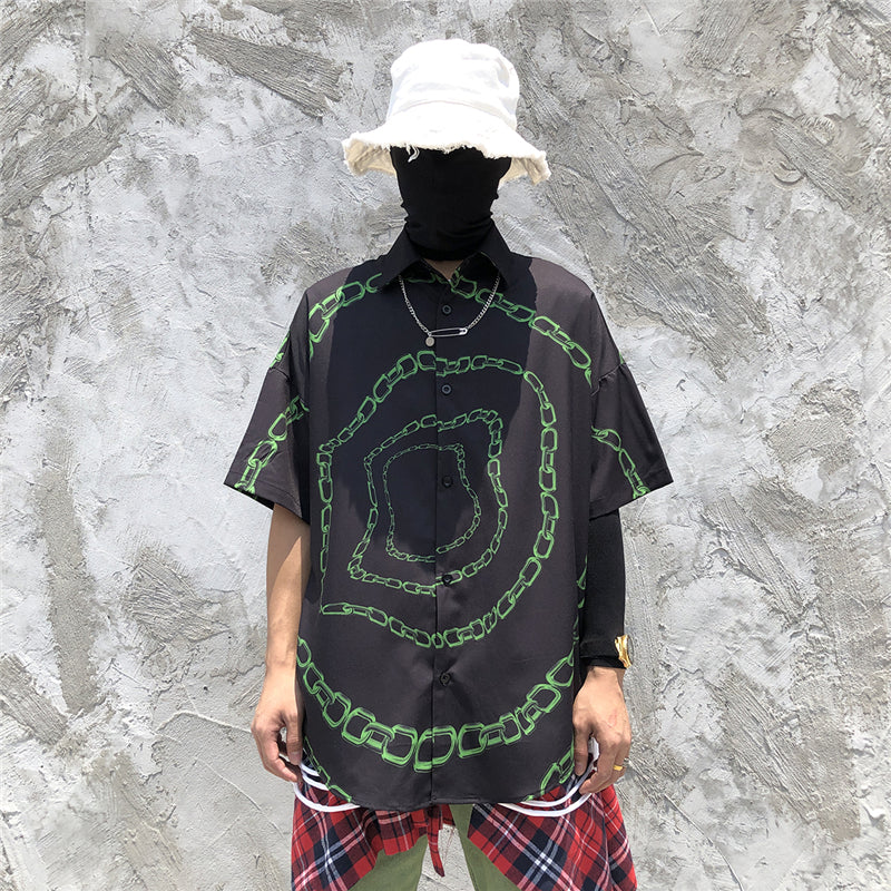 New Designer Iron Chain Print Short Sleeve Cool Shirt Summer Men Casual Hip Hop Streetwear Oversized Black Shirt