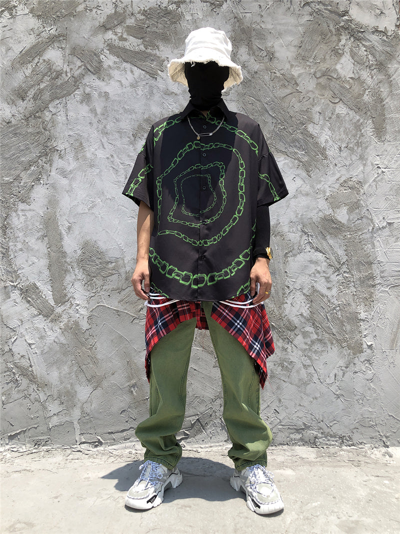 New Designer Iron Chain Print Short Sleeve Cool Shirt Summer Men Casual Hip Hop Streetwear Oversized Black Shirt