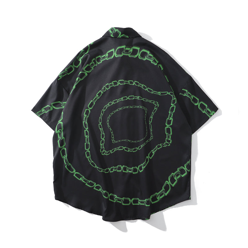 New Designer Iron Chain Print Short Sleeve Cool Shirt Summer Men Casual Hip Hop Streetwear Oversized Black Shirt