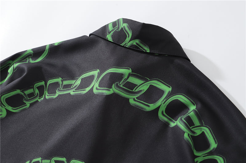 New Designer Iron Chain Print Short Sleeve Cool Shirt Summer Men Casual Hip Hop Streetwear Oversized Black Shirt