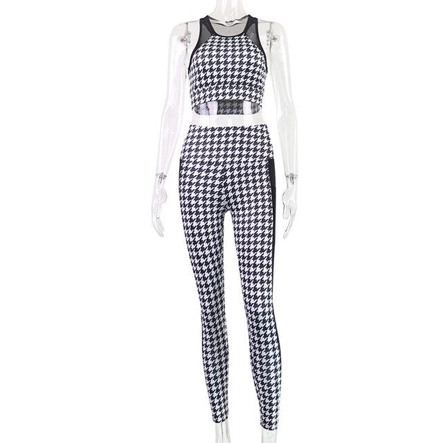 Sportswear Seamless Plaid Yoga Suit Women Gym Clothes Sheer Mesh Patchwork Crop Top Leggings Tracksuit Workout Fitness Suit-1