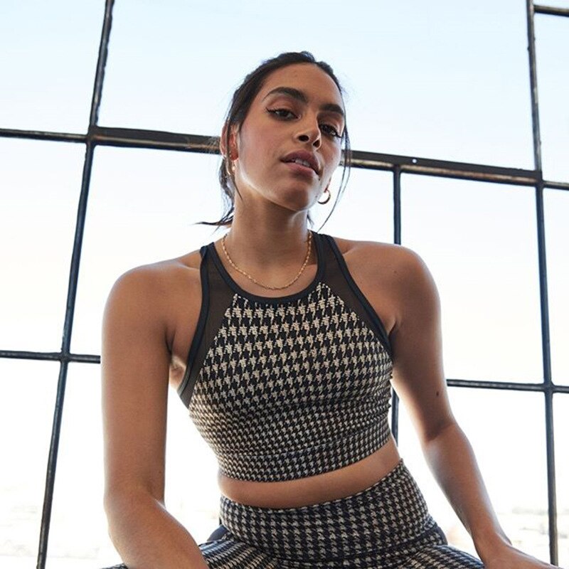 Sportswear Seamless Plaid Yoga Suit Women Gym Clothes Sheer Mesh Patchwork Crop Top Leggings Tracksuit Workout Fitness Suit-0