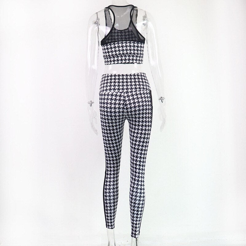 Sportswear Seamless Plaid Yoga Suit Women Gym Clothes Sheer Mesh Patchwork Crop Top Leggings Tracksuit Workout Fitness Suit-3